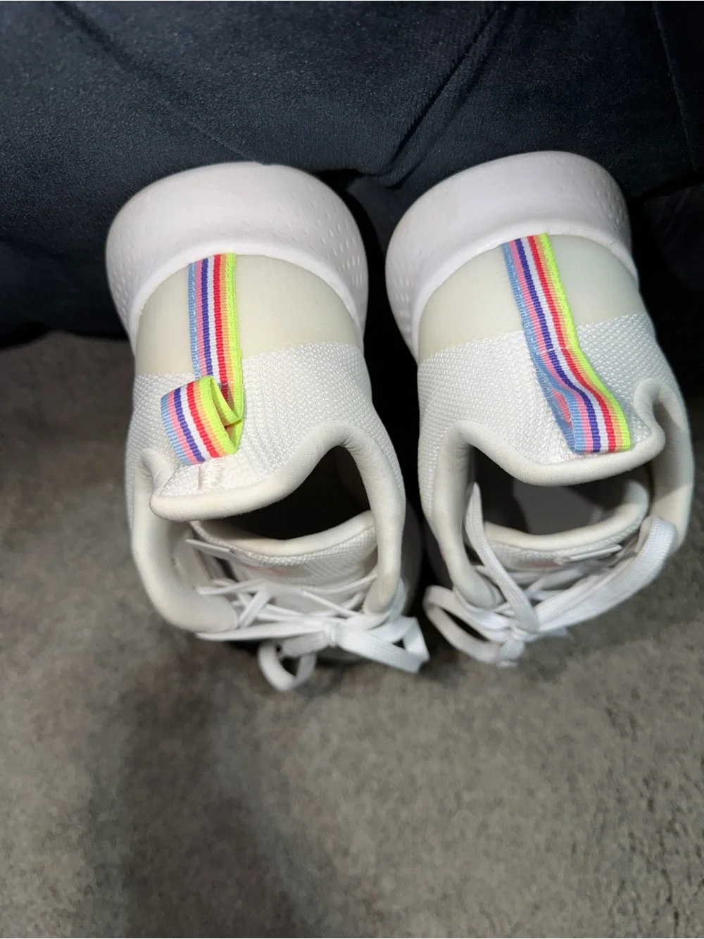 adidas White Sneakers with Neon Yellow, Peach, and Coral Stripes
